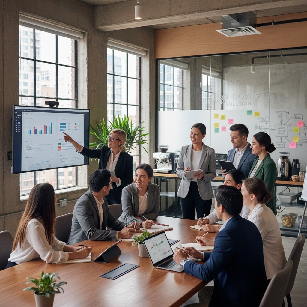 A diverse group of business professionals in a modern office, gathered around a large wooden conference table while one colleague points to data displayed on a screen.