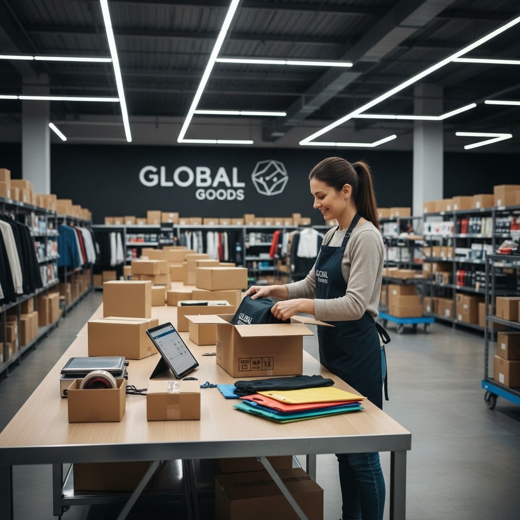 A woman in a dark apron packs clothing items into cardboard boxes at a large fulfillment center.