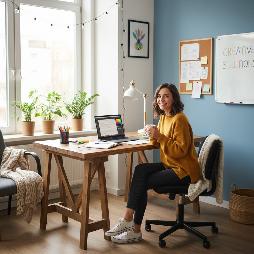 A woman in a mustard sweater sits at a wooden desk with a laptop, holding a mug and smiling in her bright, cozy home office.